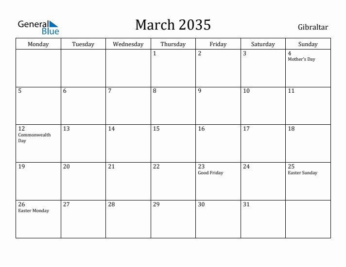 March 2035 Calendar Gibraltar