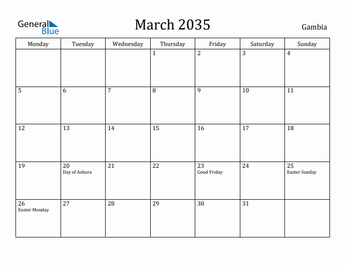 March 2035 Calendar Gambia