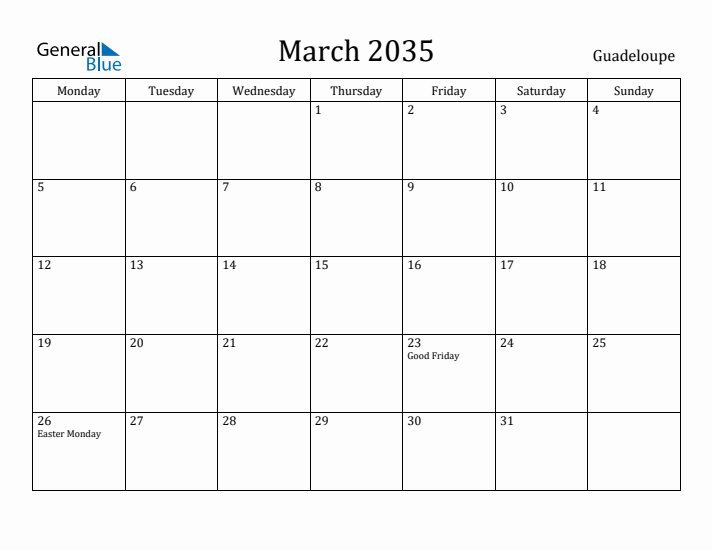 March 2035 Calendar Guadeloupe