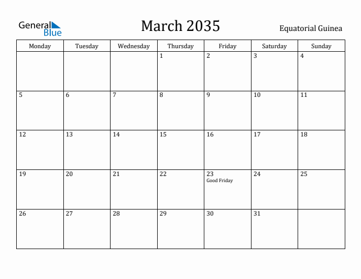 March 2035 Calendar Equatorial Guinea