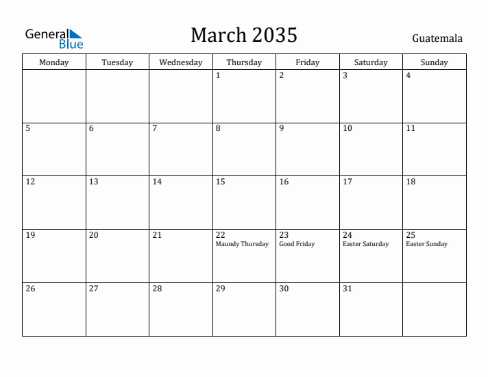 March 2035 Calendar Guatemala