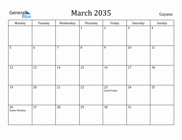 March 2035 Calendar Guyana