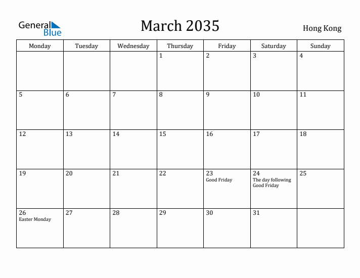 March 2035 Calendar Hong Kong
