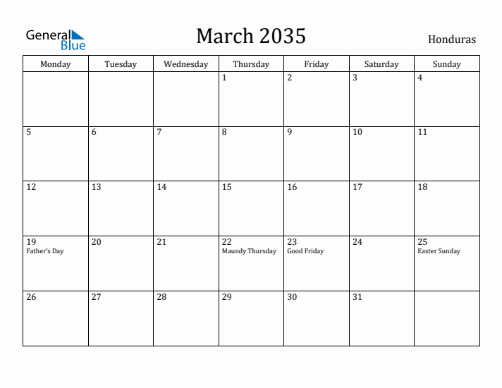 March 2035 Calendar Honduras