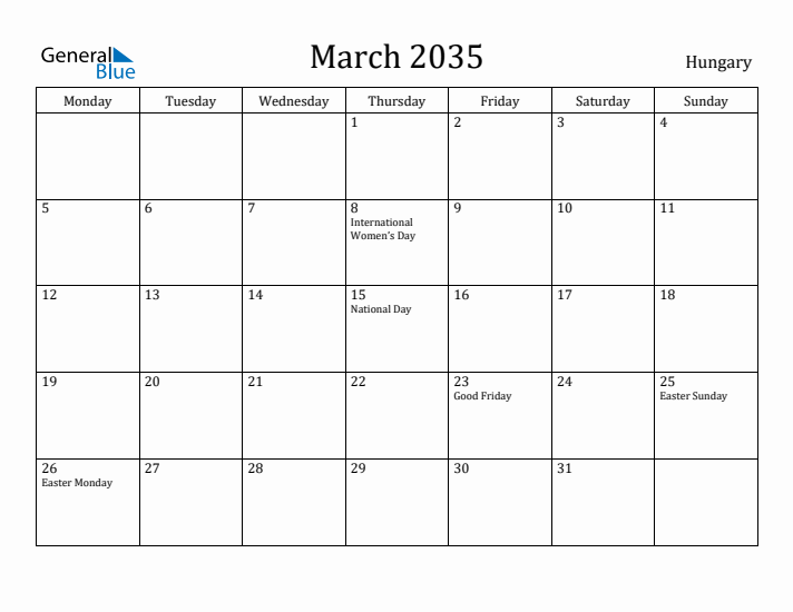 March 2035 Calendar Hungary