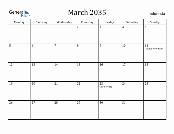 March 2035 Calendar Indonesia