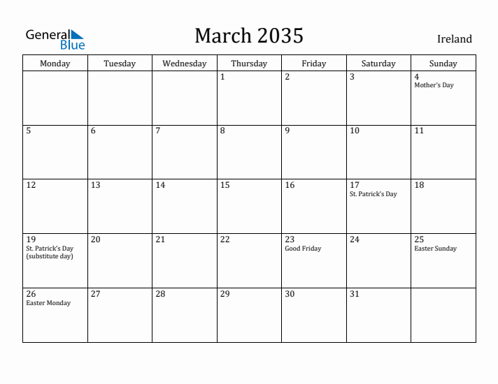 March 2035 Calendar Ireland