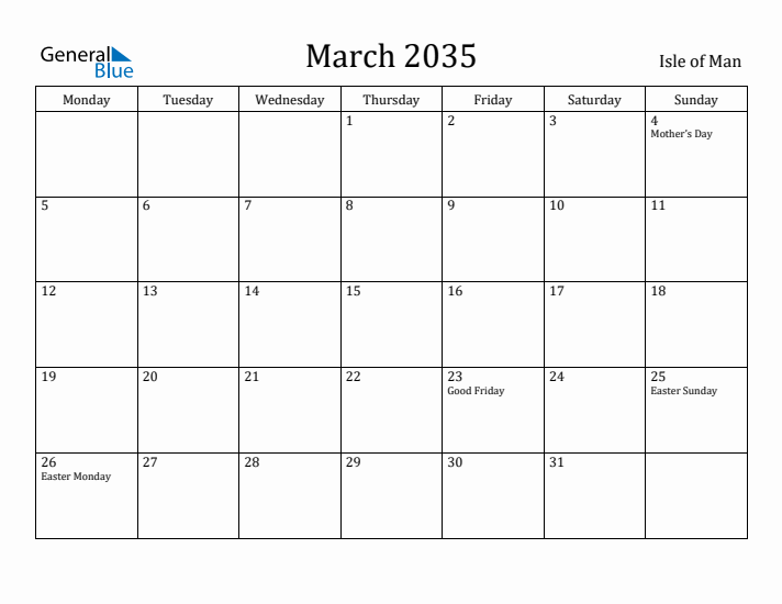 March 2035 Calendar Isle of Man