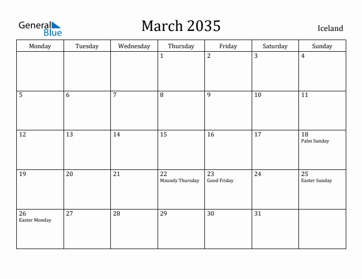 March 2035 Calendar Iceland