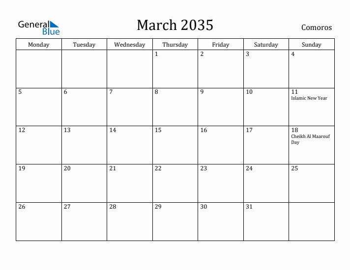 March 2035 Calendar Comoros