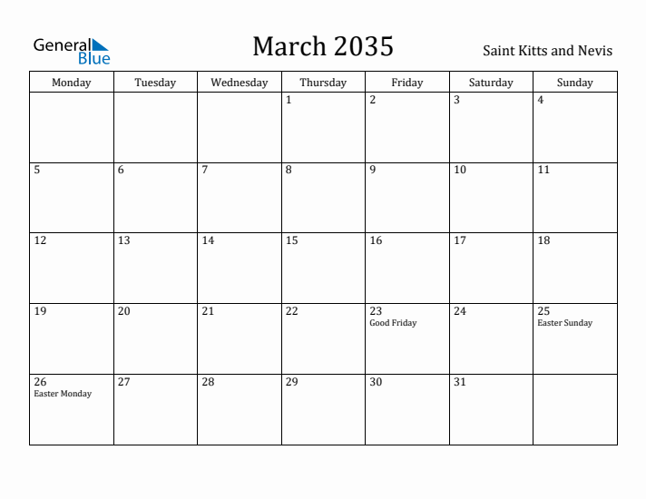 March 2035 Calendar Saint Kitts and Nevis