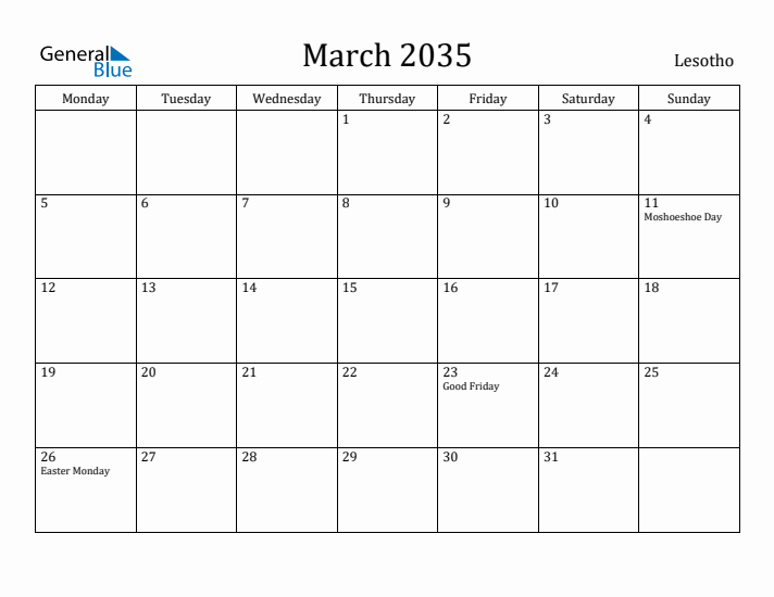 March 2035 Calendar Lesotho
