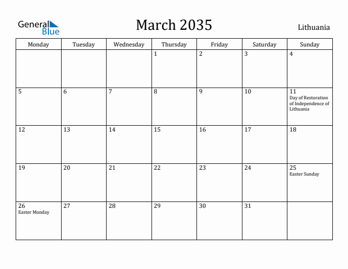 March 2035 Calendar Lithuania
