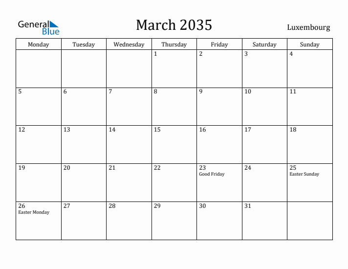 March 2035 Calendar Luxembourg