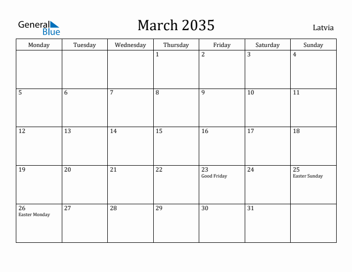 March 2035 Calendar Latvia
