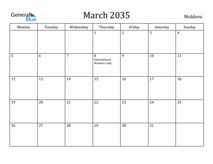March 2035 Calendar Moldova