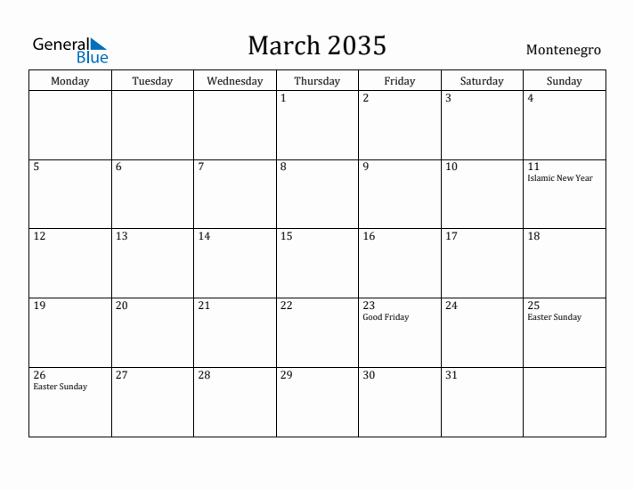 March 2035 Calendar Montenegro