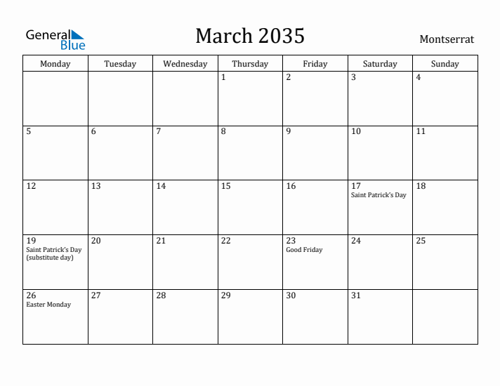 March 2035 Calendar Montserrat