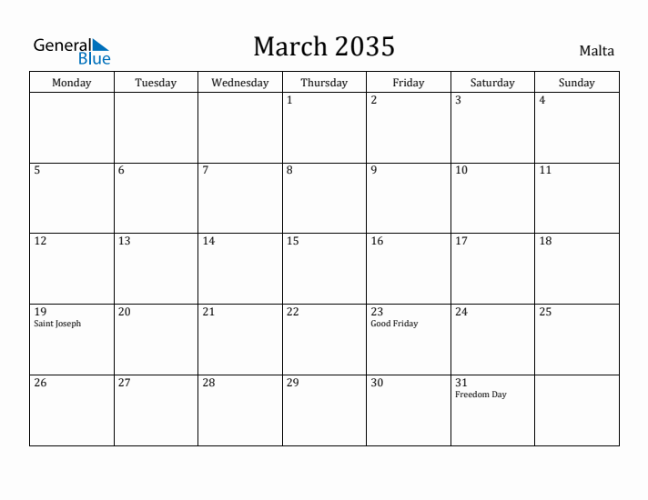 March 2035 Calendar Malta