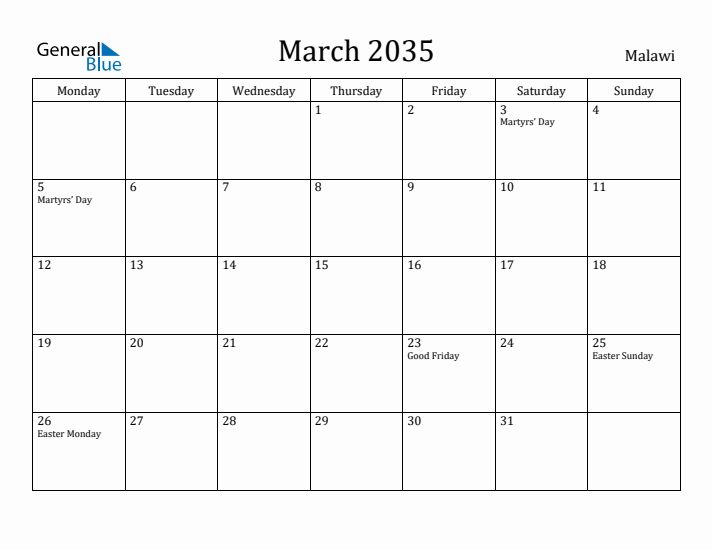 March 2035 Calendar Malawi