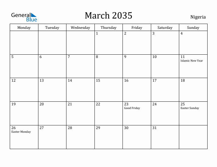March 2035 Calendar Nigeria