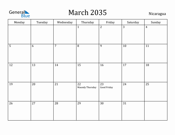 March 2035 Calendar Nicaragua