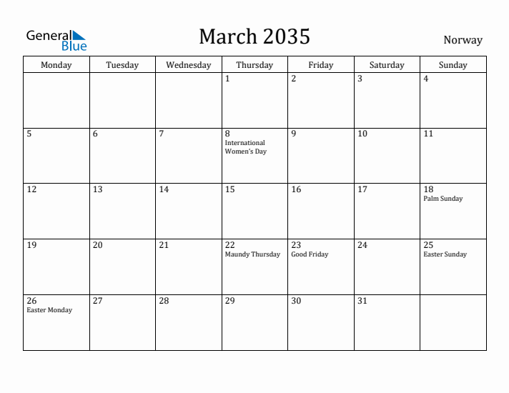 March 2035 Calendar Norway