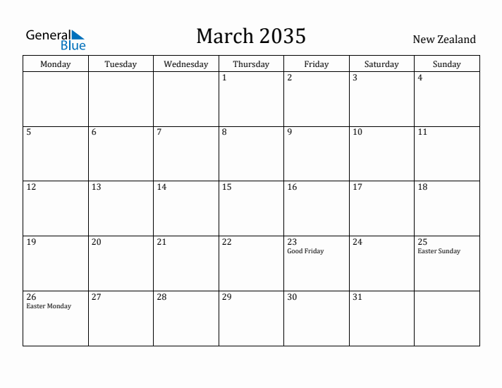 March 2035 Calendar New Zealand