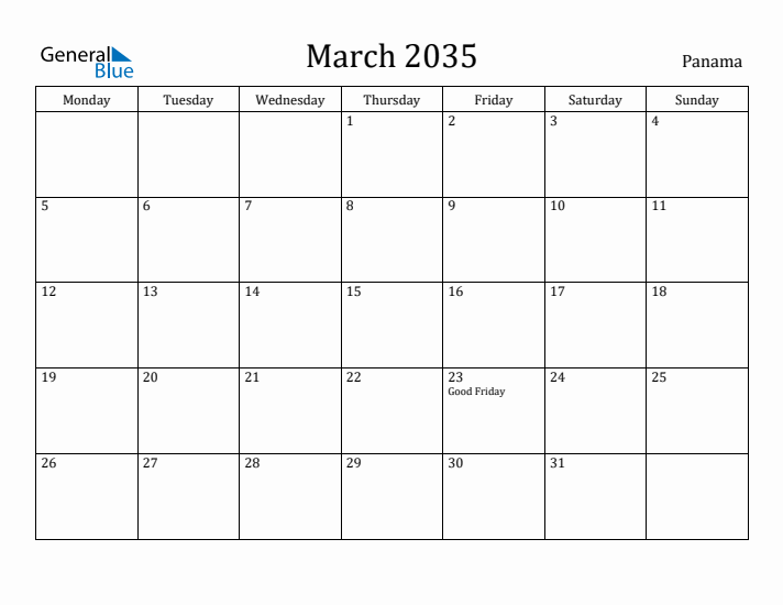 March 2035 Calendar Panama
