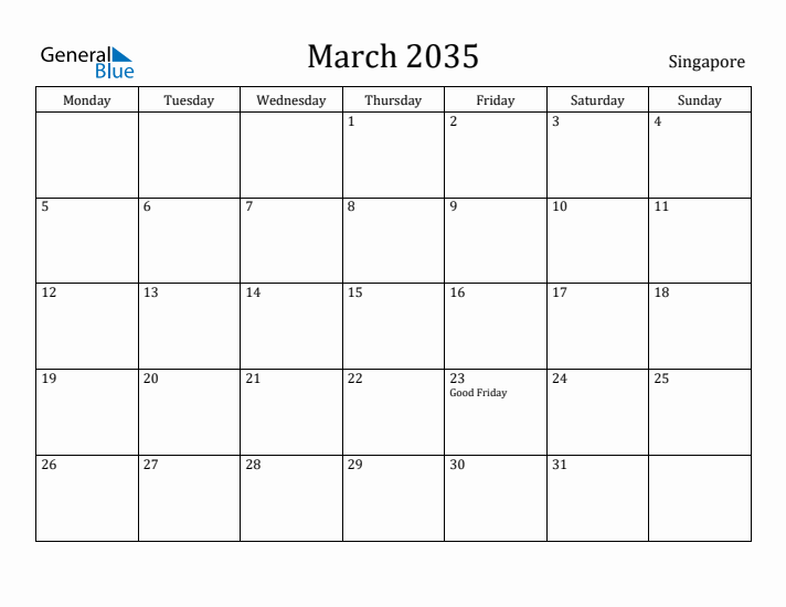 March 2035 Calendar Singapore