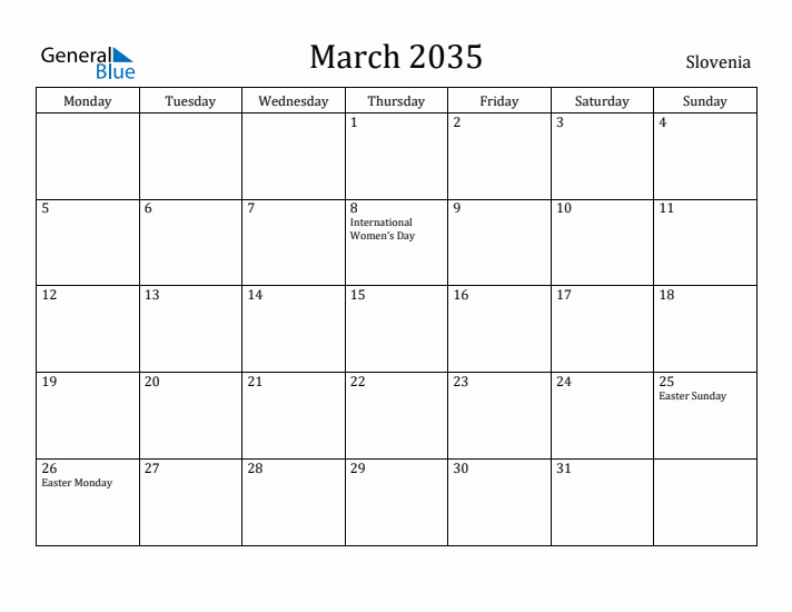 March 2035 Calendar Slovenia