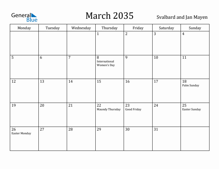 March 2035 Calendar Svalbard and Jan Mayen