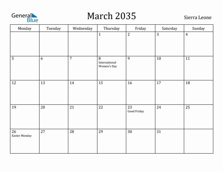 March 2035 Calendar Sierra Leone