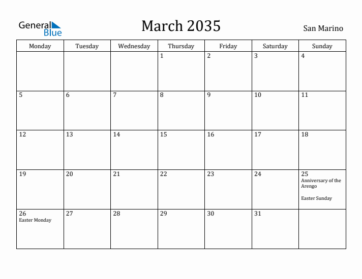March 2035 Calendar San Marino