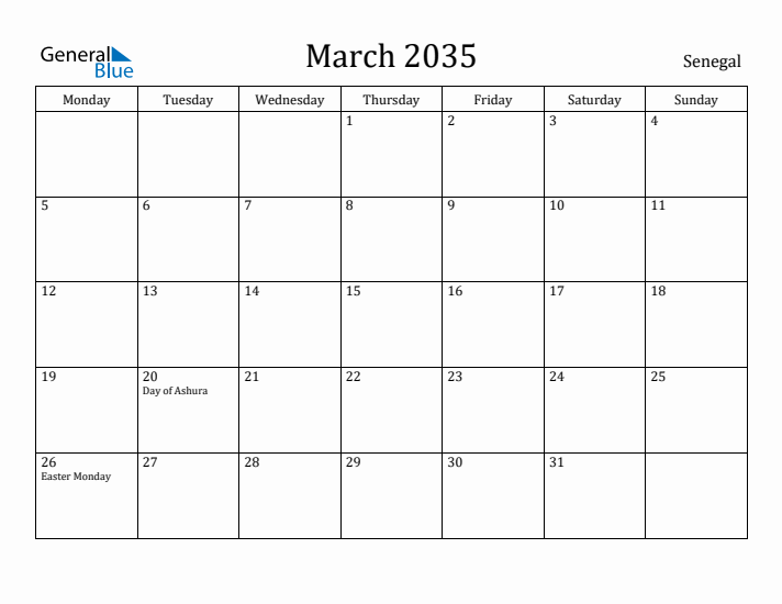 March 2035 Calendar Senegal