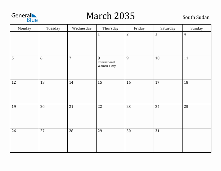 March 2035 Calendar South Sudan