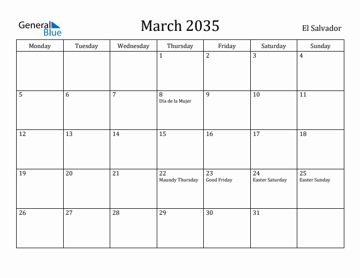March 2035 Calendar El Salvador