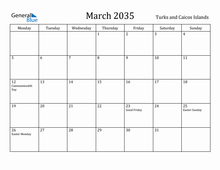 March 2035 Calendar Turks and Caicos Islands