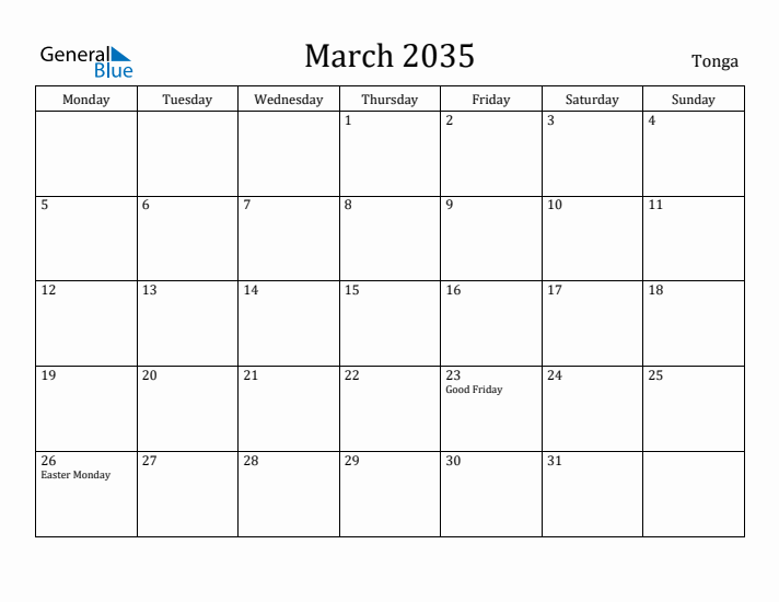 March 2035 Calendar Tonga