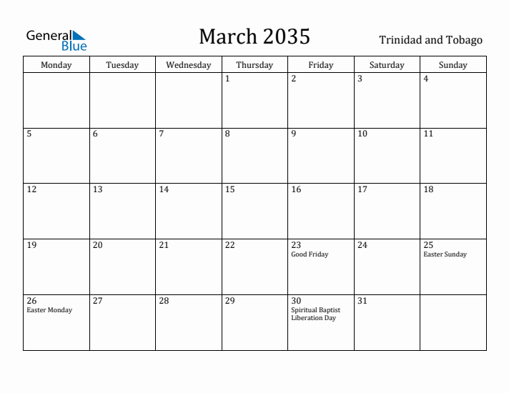 March 2035 Calendar Trinidad and Tobago