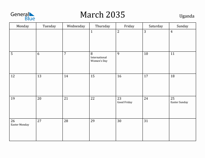 March 2035 Calendar Uganda