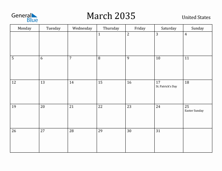 March 2035 Calendar United States