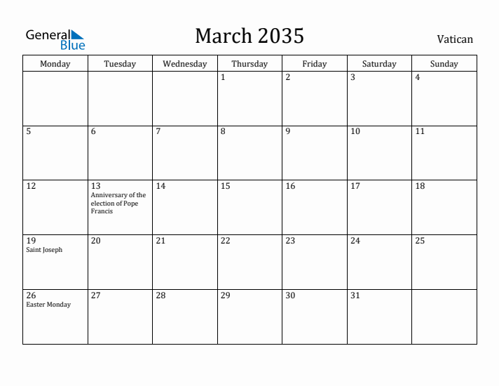 March 2035 Calendar Vatican