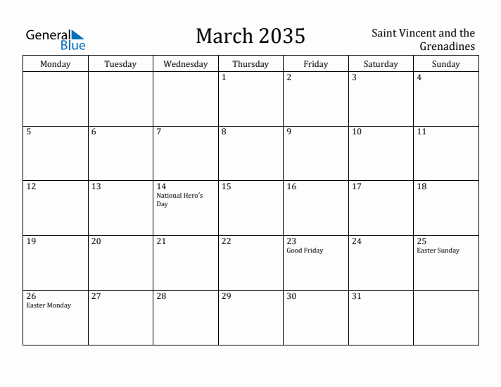March 2035 Calendar Saint Vincent and the Grenadines
