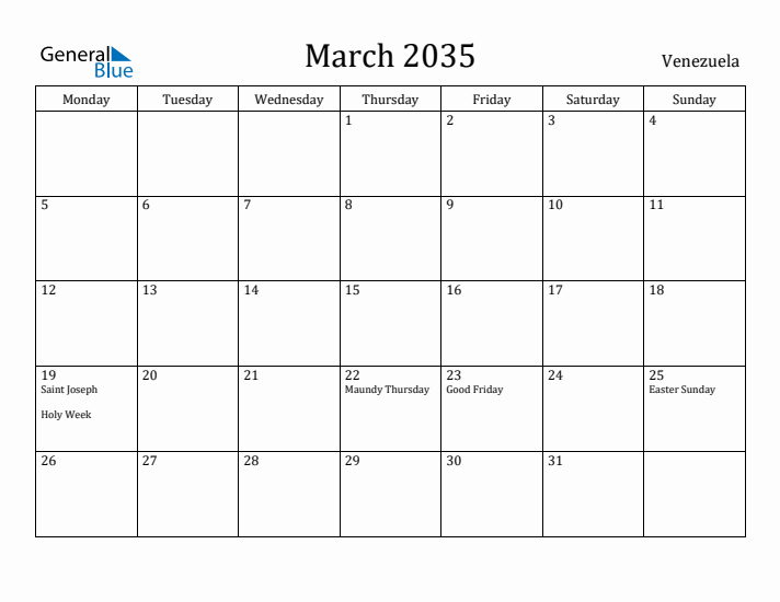 March 2035 Calendar Venezuela