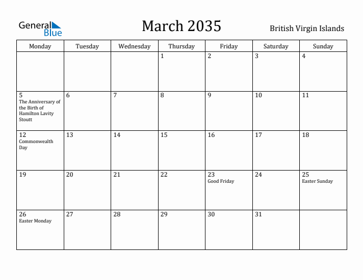 March 2035 Calendar British Virgin Islands