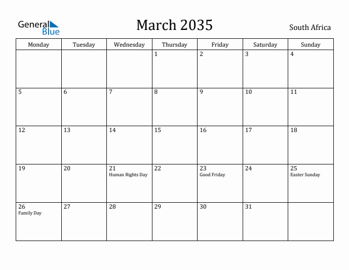 March 2035 Calendar South Africa
