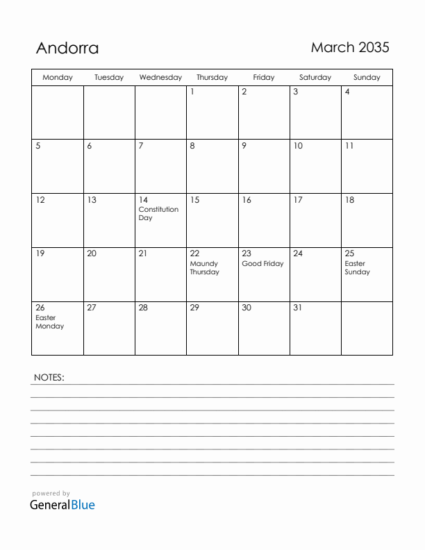 March 2035 Andorra Calendar with Holidays (Monday Start)