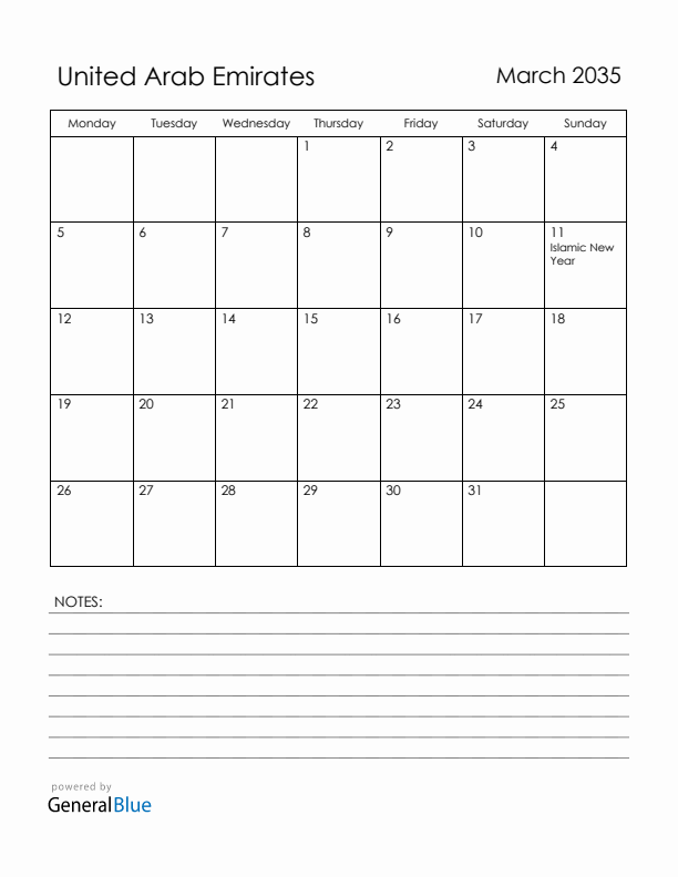 March 2035 United Arab Emirates Calendar with Holidays (Monday Start)