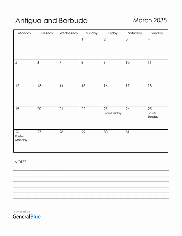 March 2035 Antigua and Barbuda Calendar with Holidays (Monday Start)